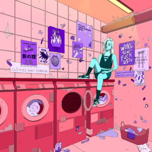 image du poster "Lavomatic". On y voit Sacha, mon personnage principal, assise sur sur un lave-linge dans un landromat. Il y a des affiches et des stickers autour d'elle, au mur et elle est éclairée par des néons au plafond.