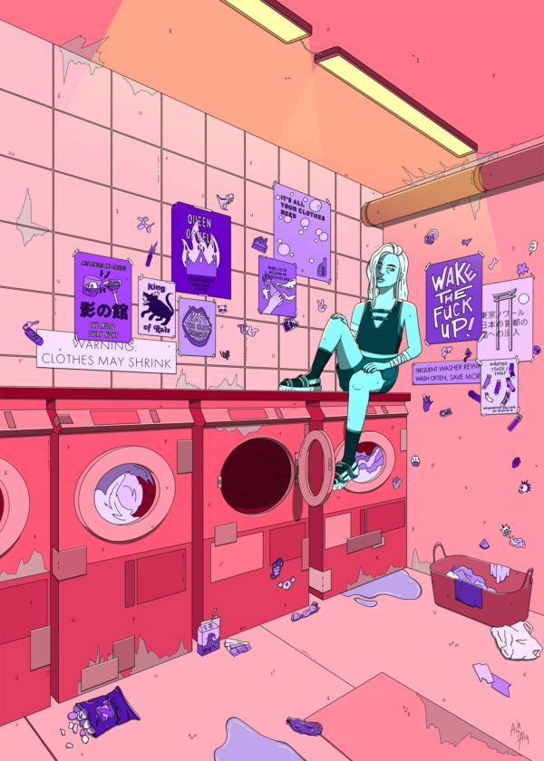 image du poster "Lavomatic". On y voit Sacha, mon personnage principal, assise sur sur un lave-linge dans un landromat. Il y a des affiches et des stickers autour d'elle, au mur et elle est éclairée par des néons au plafond.
