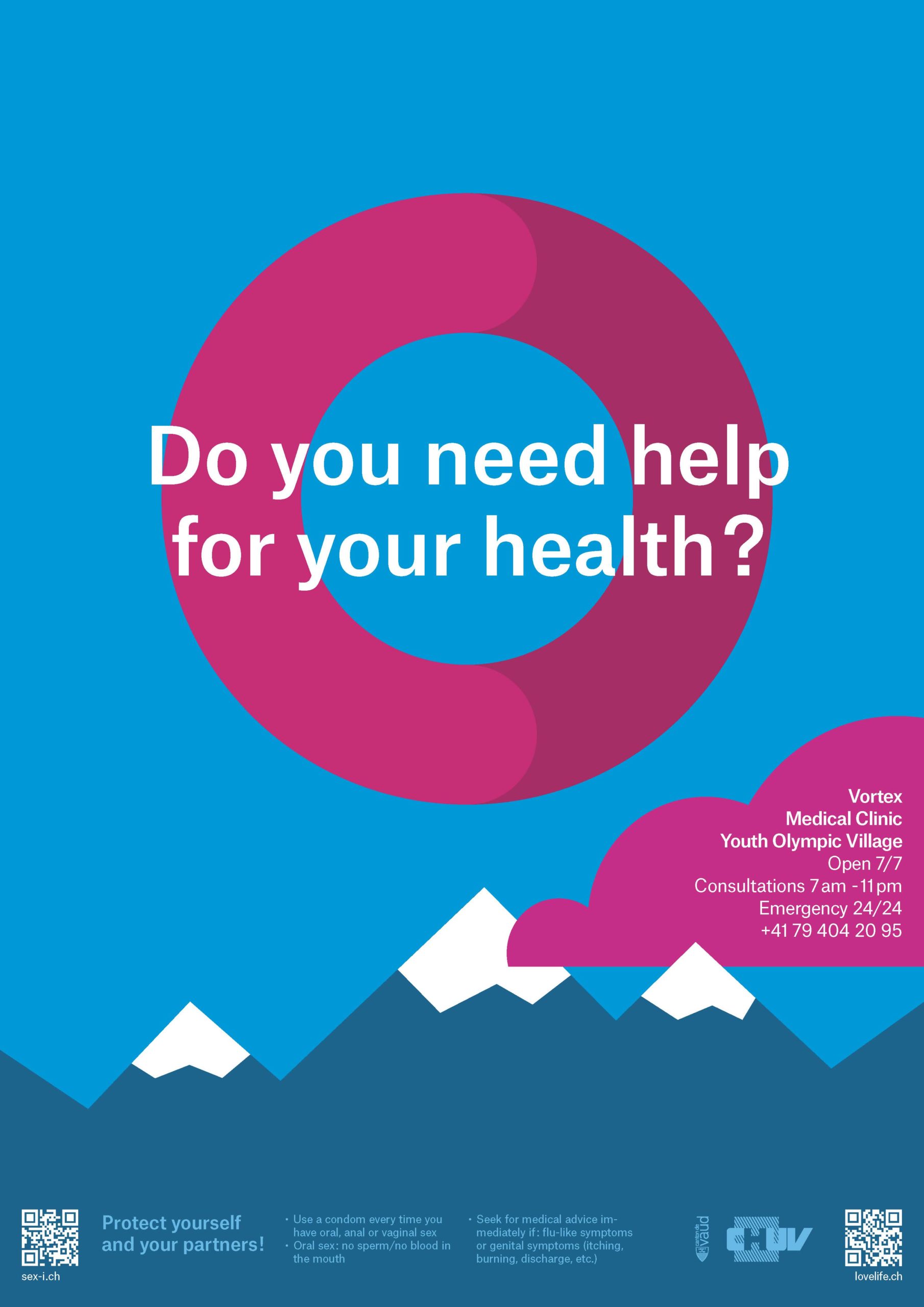 Une affiche créée pour les JOJ 2020. On y voit des montagnes très graphiques. On voit un cercle au centre qui reprend l'identité graphique des JOJ 2020 avec comme question en anglais: "Tu as besoin d'aide pour ta santé?"