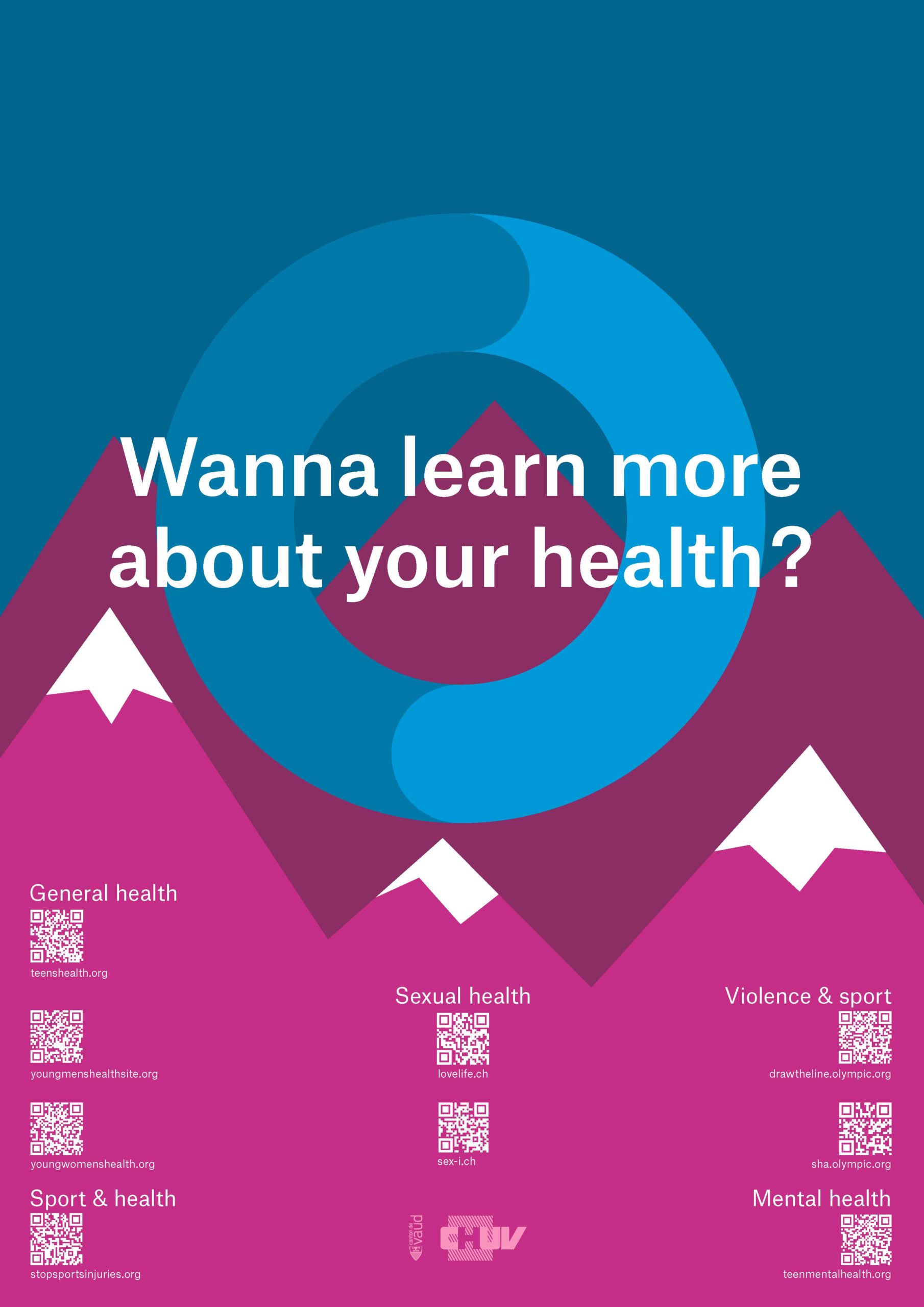 Une affiche créée pour les JOJ2020. On y voit des montagnes très graphiques et simplifiée, avec comme question en anglais: "Vous voulez en savoir plus sur votre santé?"