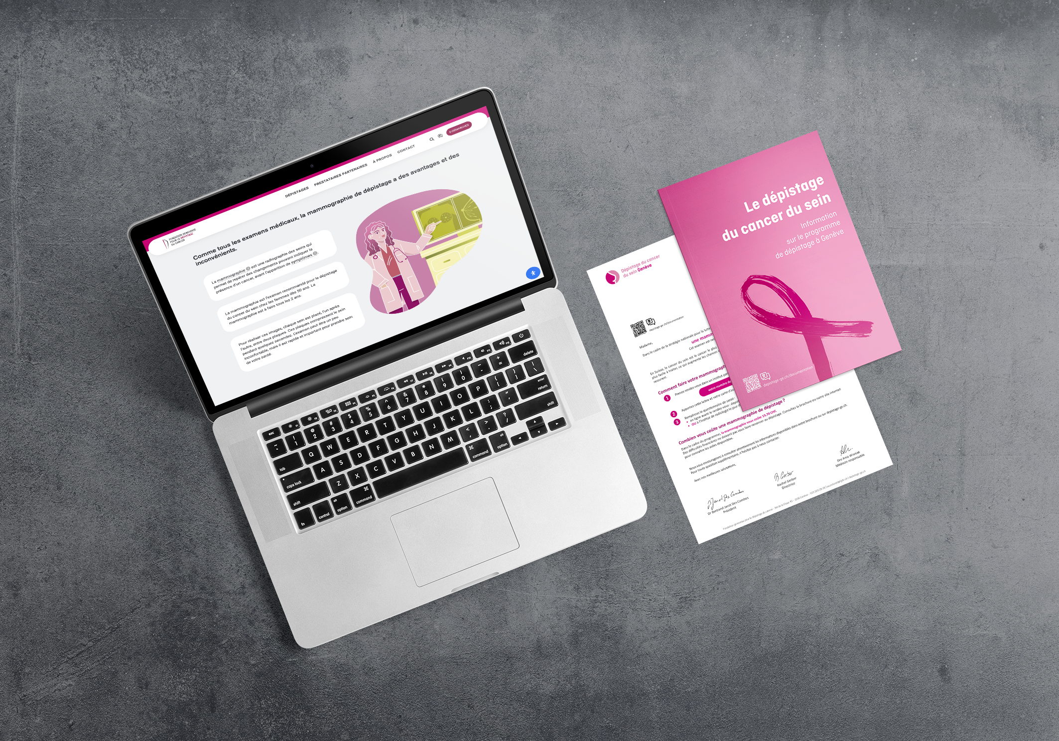 site internet, lettre et brochure de la fondation genevoise pour le dépistage du cancer