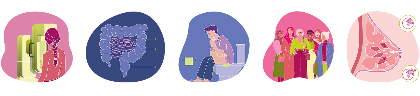 illustrations d'une mammographie, d'autres de colon, un homme au toilette, un groupe de femme et une illustration scientifique d'un sein.