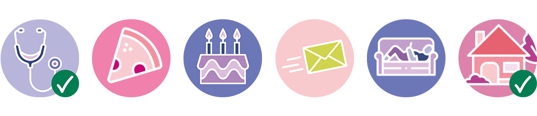 pictogramme stétoscope, pizza, gâteau d'anniversaire, lettre, homme sur un canapé et une maison